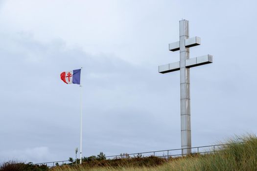 Juno Beach Normandy France 10.26.2019 Croix de Lorraine above the beach where the Canadian forces landed during the D Day invasion WW2. The monuments in memory of D Day landings. High quality photo