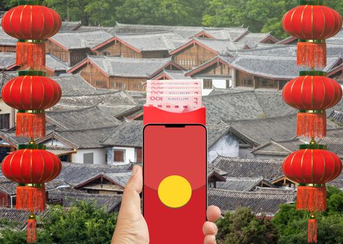 The digital hongbao on cell phone in chinese lunar new year. 
distribute money in paper red packets to family