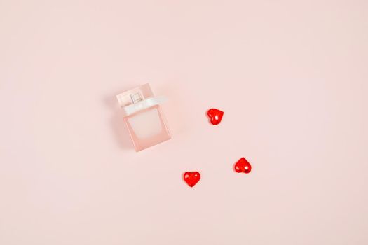 Valentine's Day, composition of hearts on a pink background. View from above. Space for text, flat lay