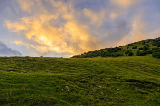 High mountains of the Caucasus with beautiful views. Green vegetation and dense forest above a blue sky. A great fascinating landscape.