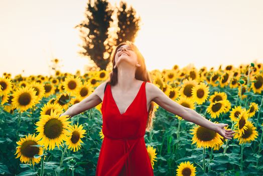 Beautiful woman with long hair in a field of sunflowers. Active, raise.