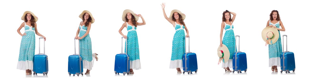 Woman traveller with suitcase isolated on white