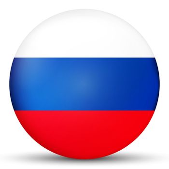 Glass light ball with flag of Russia. Round sphere, template icon. Russian national symbol. Glossy realistic ball, 3D abstract vector illustration highlighted on a white background. Big bubble