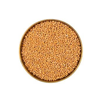 Close up one metal bowl full of yellow mustard seeds isolated on white background, elevated top view, directly above
