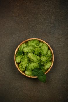 Close up one wooden bowl of fresh green hop flowers on dark grunge brown table background, elevated top view, directly above