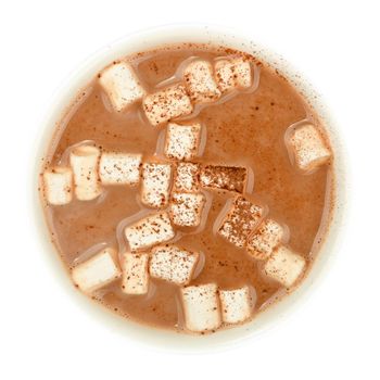 Close up cocoa hot chocolate with marshmallow cup top isolated on white background, top view, directly above