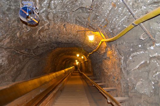 Stairs inside tunnel in a salt mine