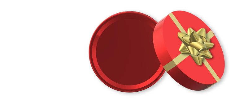Red gift box with gold ribbon on white. Open box, top view. Isolates on white. Mock up. 3D illustration
