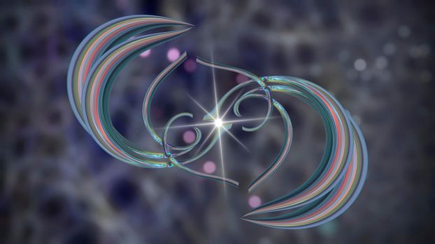 Abstract futuristic dark background. On a blurry background with sparks of stars, there is an elegant figure made of luminous material. 3d image