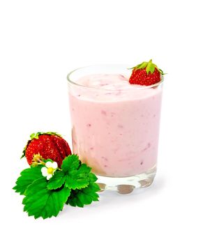 Glass of milkshake, berry, flower and green leaf strawberry isolated on white background