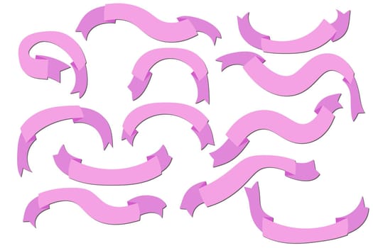 Set of pink silhouette flat ribbons isolated on white background. Ribbon banner vector illustration. Hand drawn lace