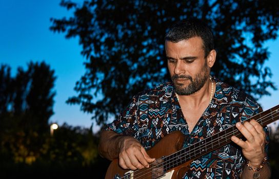 musician playing an instrument in the park at night