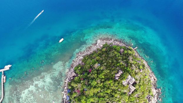 Calm colorful azure turquoise sea near tiny tropical volcanic island Koh Tao, unique small paradise Nang Yuan. Drone view of peaceful water near stony shore and green jungle on sunny day in Thailand