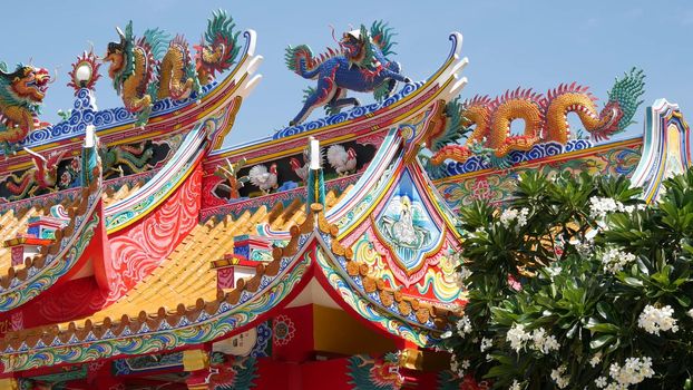 Traditional oriental taoist chinese monastery temple roof details, festive dragon decoration. Classic asian religious multicolor shrine or pagoda in bloom of plumeria frangipani flowers on sunny day.