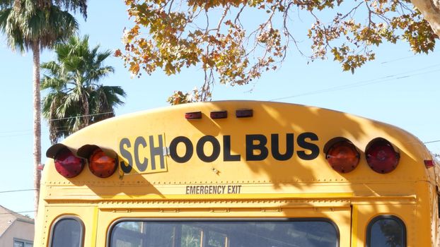 Yellow iconic school bus in Los Angeles, California USA. Classic truck for students back view. Vehicle stoplights for safety of children transportation. Public passenger transport for kids in suburb.