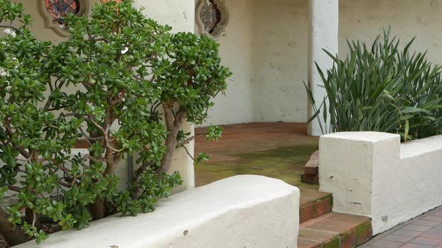 Mediterranean rustic building, empty side street. Green garden with natural greenery in spanish colonial style suburb. Evergreen succulent plants near white rural house. Mexican countryside aesthetic.