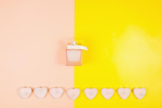 Valentine's Day, composition of hearts on a pink background. View from above. Space for text, flat lay