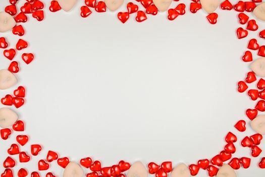 Valentine's Day, composition of hearts on a white background. View from above. Space for text, flat lay