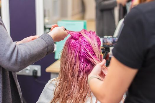 Hair dyeing for a girl in a beauty salon, long hair pink. Hair care