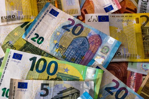 Close up of money euro banknotes, background of money euro isolated.