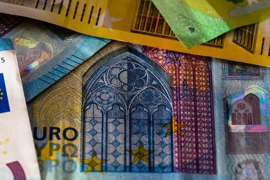 Close up of money euro banknotes, background of money euro isolated.