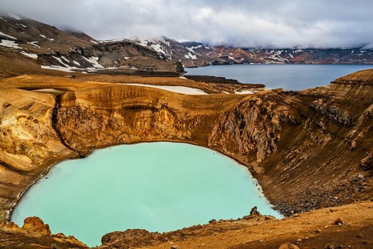Mount Askja lake and geothermal lake in a cloudy day, Iceland