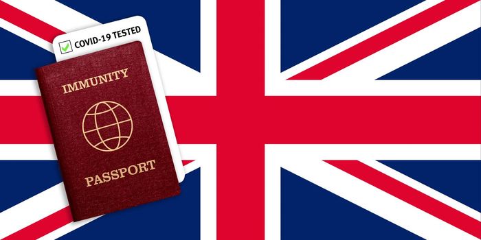 Immunity passport and test result for COVID-19 on flag of Great Britain. Certificate for people who have had coronavirus or made vaccine. Vaccination passport against covid-19 that allows you travel