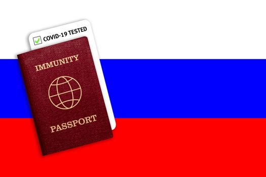 Immunity passport and test result for COVID-19 on flag of Russia. Certificate for people who have had coronavirus or made vaccine. Vaccination passport against covid-19 that allows you travel 