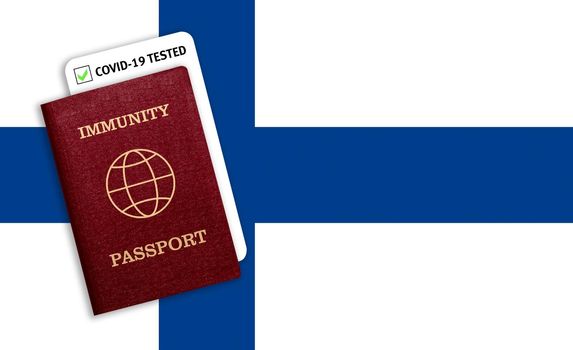 Immunity passport and test result for COVID-19 on flag of Finland. Certificate for people who have had coronavirus or made vaccine. Vaccination passport against covid-19 that allows you travel
