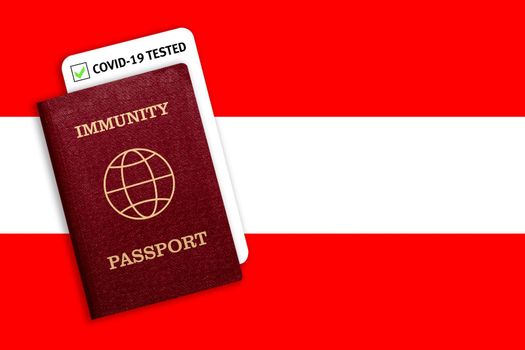 Immunity passport and test result for COVID-19 on flag of Austria . Certificate for people who have had coronavirus or made vaccine. Vaccination passport against covid-19 that allows you travel 