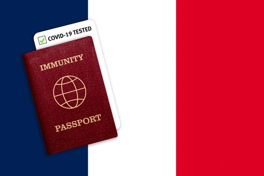 Immunity passport and test result for COVID-19 on flag of France. Certificate for people who have had coronavirus or made vaccine. Vaccination passport against covid-19 that allows you travel 
