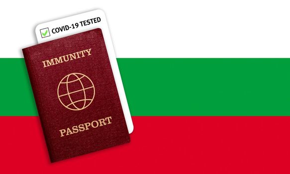 Immunity passport and test result for COVID-19 on flag of Bulgaria. Certificate for people who have had coronavirus or made vaccine. Vaccination passport against covid-19 that allows you travel 