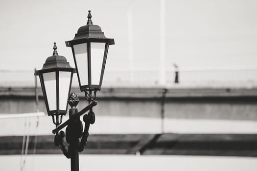 Landscape with beautiful lanterns on the background of the Golden bridge. Vladivostok, Russia