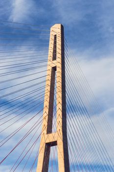 Details of the Russian bridge against the blue sky. Vladivostok, Russia.