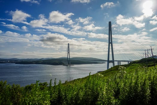 Seascape with a view of the Russian bridge. Vladivostok, Russia