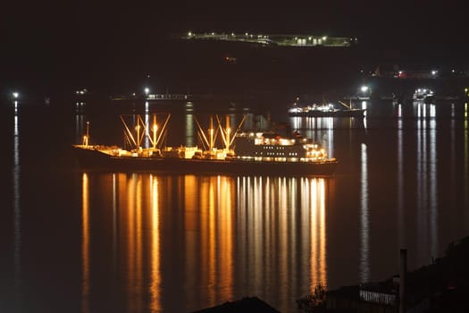 Vladivostok, Primorsky Krai. Ship with illumination against the sea