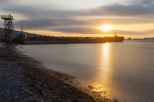 Vladivostok, Russia. Sunset overlooking the pier by the sea.