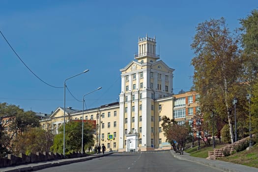 Vladivostok, Russia. urban landscape with beautiful buildings on a hill.