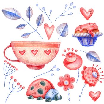 Set of cute illustrations - coffee cup, sweet cake, flowers, ladybug, hearts, leaves, berries. Drawings in original style by colored pencils.