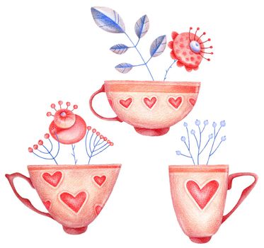 Set of cute illustrations - coffee cup with nice boquet of flowers, hearts, leaves, berries. Drawings in original style by colored pencils.