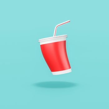 One Funny Red Fast Food Drinking Cup with Straw on Flat Blue Background with Shadow 3D Illustration
