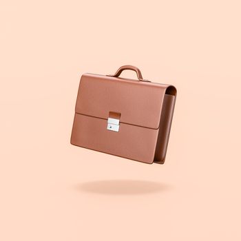Brown Leather Businessman Briefcase on Flat Orange Background with Shadow 3D Illustration