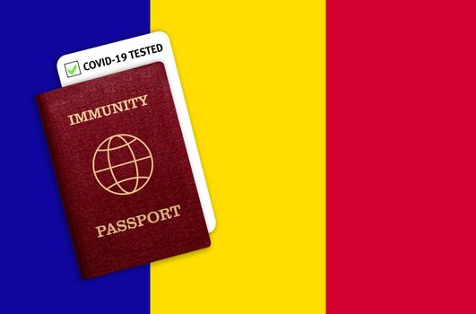 Immunity passport and test result for COVID-19 on flag of Andorra. Vaccination passport against covid-19 that allows you travel around the world.