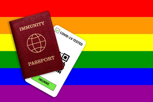 Immunity passport and test result for COVID-19 on flag of lgbt. Certificate for people who have had coronavirus or made vaccine. Vaccination passport against covid-19 that allows you travel