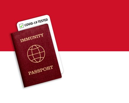 Immunity passport and test result for COVID-19 on flag of monaco. Certificate for people who have had coronavirus or made vaccine. Vaccination passport against covid-19 that allows you travel