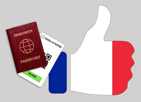 Immune passport and coronavirus test with thumb up with flag of France. Concept of immunity to COVID-19. Certificate for people who have had coronavirus or made vaccine.