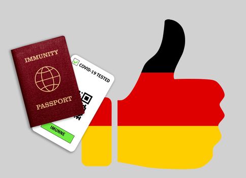 Immune passport and coronavirus test with thumb up with flag of Germany. Concept of immunity to COVID-19. Certificate for people who have had coronavirus or made vaccine.