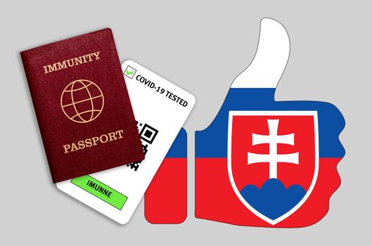 Immune passport and coronavirus test with thumb up with flag of Slovakia. Concept of immunity to COVID-19. Certificate for people who have had coronavirus or made vaccine.