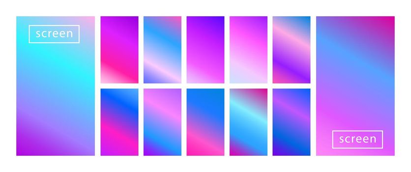 Collection of colorful backgrounds in trendy neon colors. Modern screen vector design for mobile app. Soft color abstract gradients. Swatches for design. Big set of pastel holographic gradients