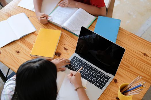 asian boy girl student studying learning lesson online. remote meeting distance education at home
